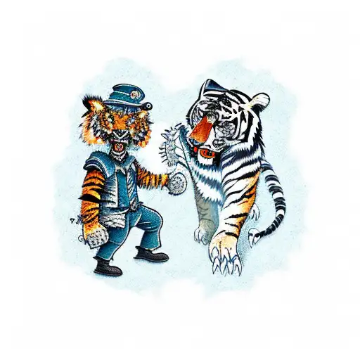 Illustrate A Sketch-style Tattoo Of A Scarecrow And A Tiger Engaged In A Fierce Battle