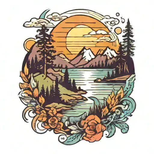 Sun Rise Over Nature Mountain Scene Emotional Bold Colors Animals Near Lake Down Below