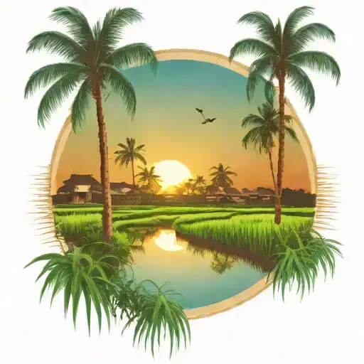 Rice Fields Sunset Scene Coconut Trees Inside