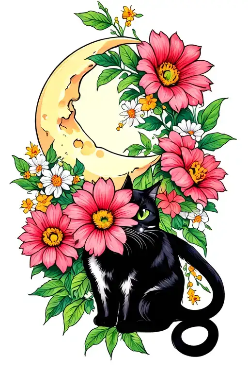 Flowers With Moon With A Cat's Leg