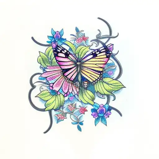 Butterfly With Flower Vine Going Through The Middle