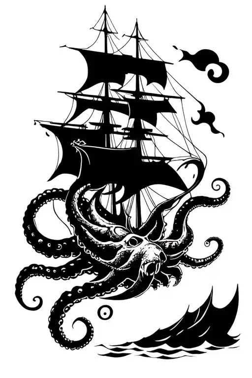 Ship And Kraken Attacking