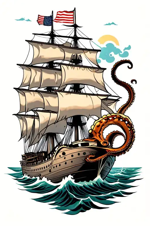 Ship And Kraken Attacking