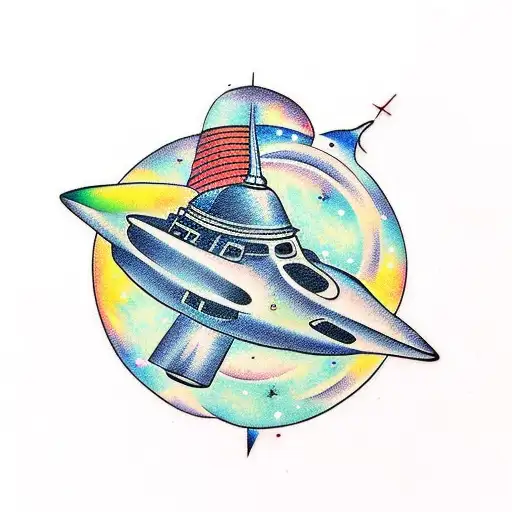 An Oldschool Tattoo Design Of A Retro Spacecraft Flying Through A Colorful Galaxy
