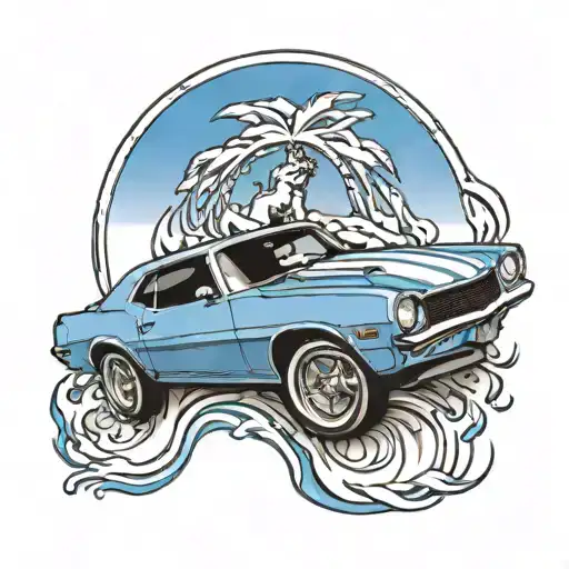 1970S Camaro Blue With White Rallies Stripes With Black Rims With Two Hands Colliding Above It