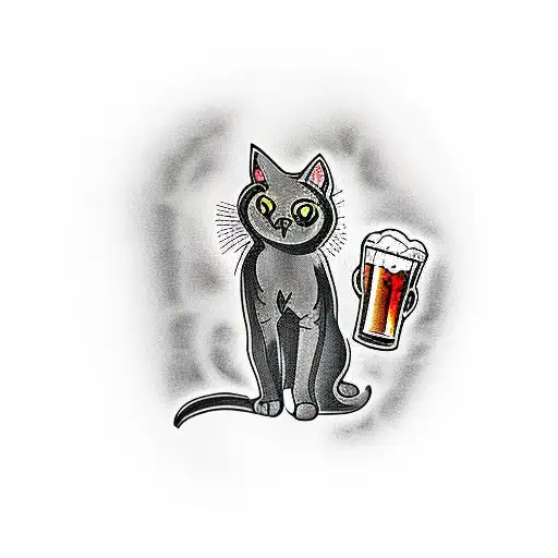A Spooky Black Cat Drinking Beer From A Pint Glass With A Horror Movie Reel Wrapped Around Its Tail