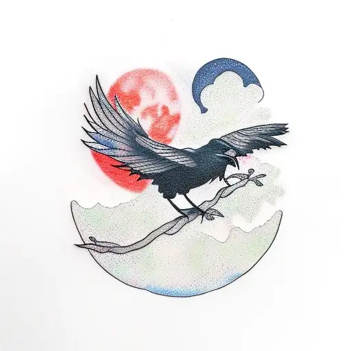 Raven On A Sakura Tree In Front Of A Red Moon