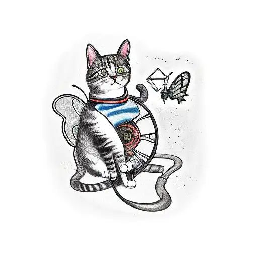 A Cat Chasing A Mechanical Butterfly In A Historical Setting