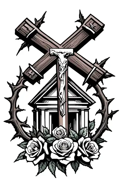 Christian Cross With Temple Inside With Roses And Thorn Going Around It