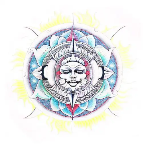 A Moon And Sun Mandala With Snakes Incorporated In A Mesmerizing Dotwork Design