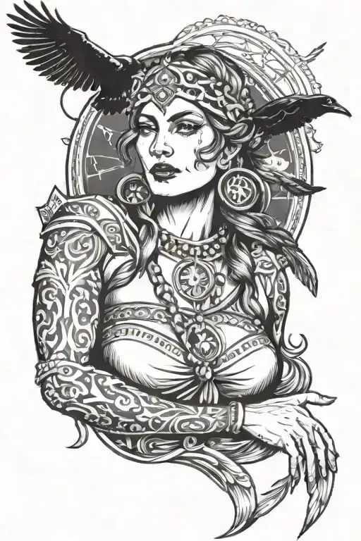 Goddess Marena Sleeve On The Arm With Runes In Old Russian And Raven