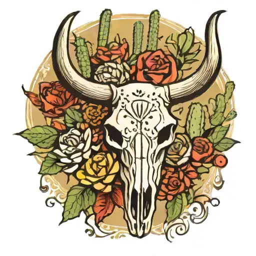 Bull Skull Surrounded By Texas Flowers And Cactus