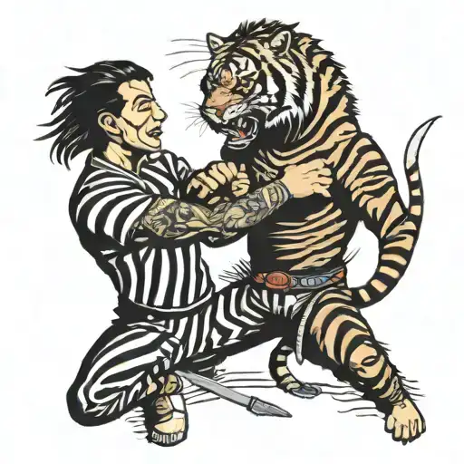 Zebra And Tiger In T-shirt And Pants Fighting With Knives