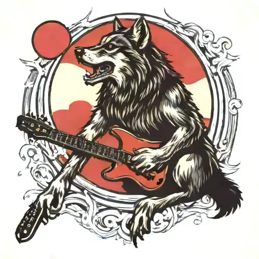 A Wolf Howling At A Scarlet Red Moon With An Electric Guitar In Its Mouth