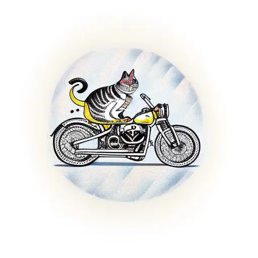 A Bobber Motorcycle With Surfboard Racks And A Cat Riding Pillion