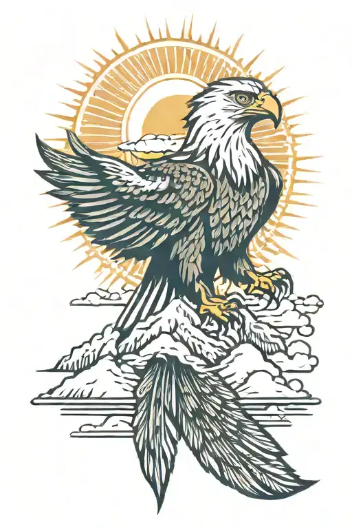 Eagle With Clouds And Sun Behind And Mountains Under