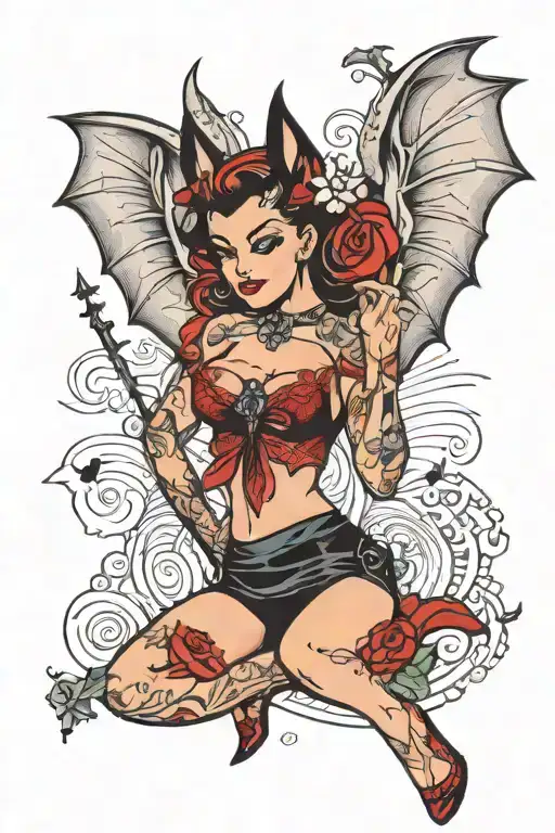 Traditional Style Tattoo Bat And A Pin-up Girl With Bat Wings
