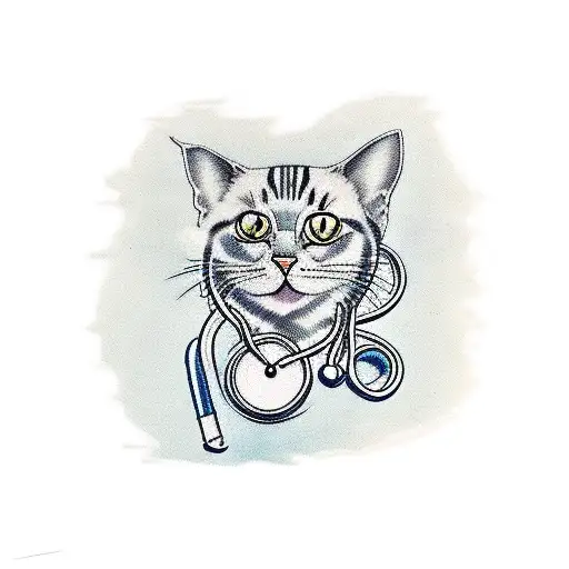 Design A Traditional Style Tattoo Of A Cat Wearing A Stethoscope