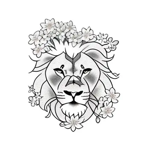 Hiding Lion With Falling Cherry Blossom Petals