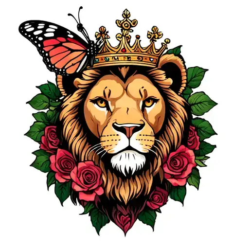 Crowned Lion With Rosery And A Butterfly