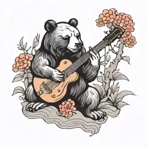 A Blackwork Design Of A Bear Playing A Musical Instrument In A Serene Japanese Garden Setting