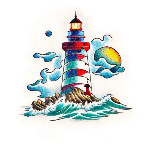 A Traditional-style Seascape With A Vibrant Lighthouse As The Focal Point
