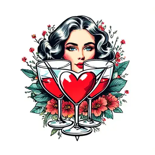 American Traditional Mom With Heart With Two Martini Glasses
