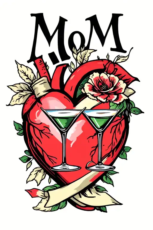 American Traditional Heart With Mom Sash With Two Martini Glasses