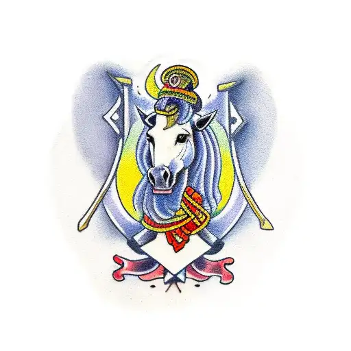 A Traditional Style Tattoo Of A Horse With A Veterinarian's Coat And A Scalpel