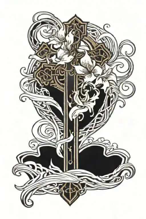 Lily Flowers Surrounding Celtic Cross With Waves And Dragon