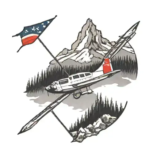 Pacific Northwest Mountains With Both Canadian And American Flags With A Plane On The Mountain