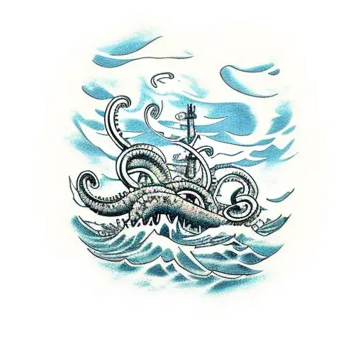 A Kraken Sinking A Ship Showing The Bottom Of Sea And The Monster