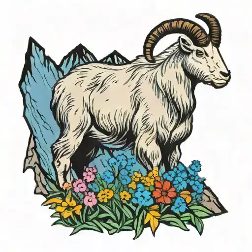 Mountain Goat Standing In A Patch Of Colorful Wildflowers In The High Alpine Mountains