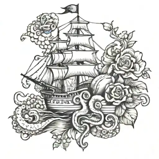 Ship With Flowers And Octopus