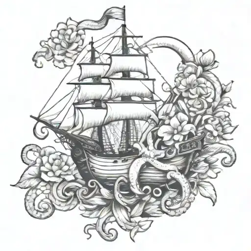 Ship With Flowers And Octopus