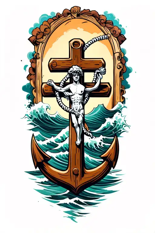 Anchor Crucifix Wooden Cross Crashing Waves In The Background