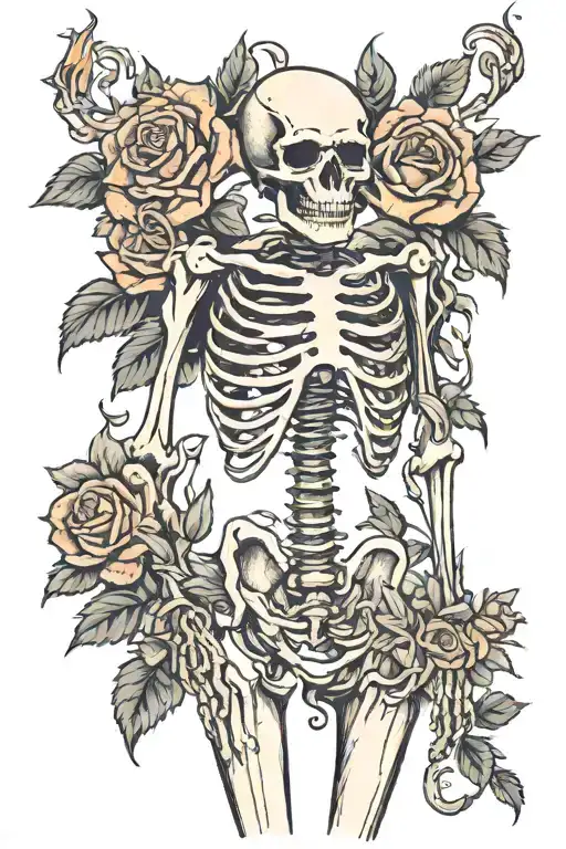 Skeleton Holding Burning Roses Vines