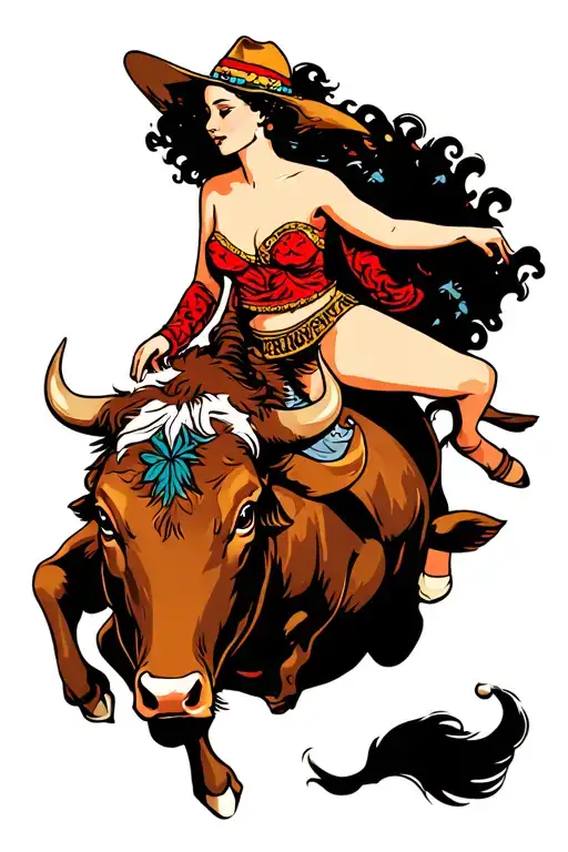 A Woman Riding A Bull From The Side