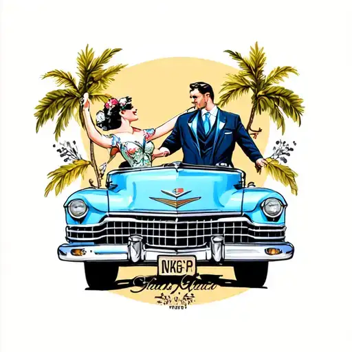 Oldtimer Cadillac In Baby Blue With A Dancing Couple In The Front