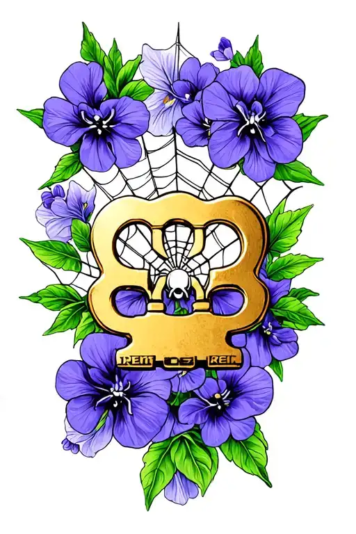 Spider Web With Brass Knuckles In The Middle Surrounded By Violets