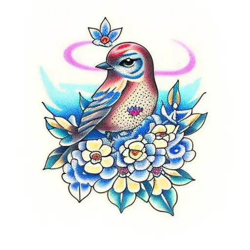 Blue Bird With Flowers