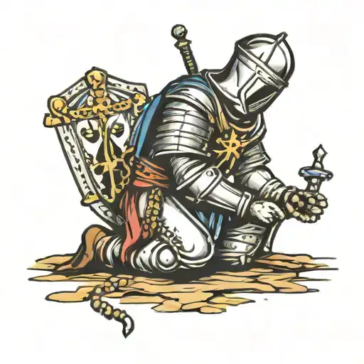 Crusader Knight Praying On Knees With Rosary Beads