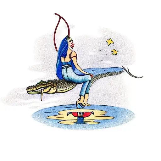 Girl Standing On A Tightrope Above A Pool Of Water With An Alligator In It