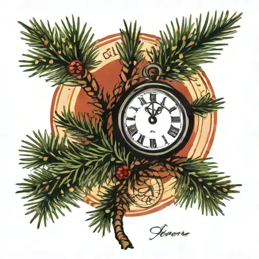 Tattoo With Pine Tree Mixed With Clock In Roman Numerals And Reddish Details