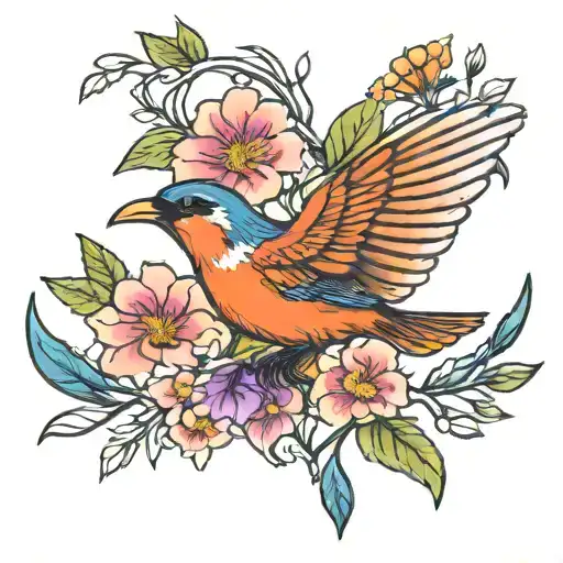 Bird Flying With Hawthorn & Violet Flower Intertwined