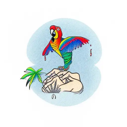 Parrot With A Drink Leaning On A Palm Tree On A Desert Island