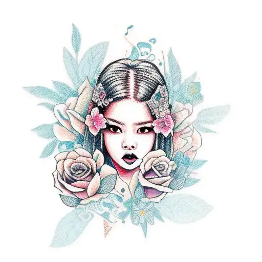 A Portrait Of Lisa From Blackpink With A Background Of Musical Notes And Flowers