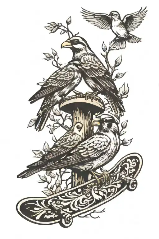 Skateboard Deck With 3 Birds Sitting On A Tree Enjoying Music