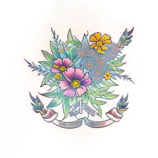 A Tattoo Of A Family Tree With Marigold And Cosmos Flowers As Leaves