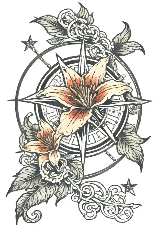 Lillies Surrounding Compass Rose Intertwined